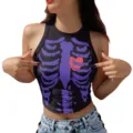 Λεπτομέρεια του μαύρου αμάνικου crop top με μωβ σκελετό και κόκκινο τύπωμα καρδιάς. - Μαύρο αμάνικο μπλουζάκι - Κόκκινη καρδιά