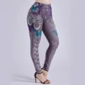 Damen Leggings in Jeans-Optik mit hohem Bund, modischem Schmetterlings- und Schnürungs-Print. - S / Grau