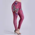 Damen Schmetterling Druck Jeans Optik Hohe Taille Schmale Leggings Mode Hosen. - S / Fuchsie