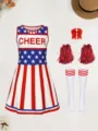 Kids American Flag Cheerleading Costume Set With Dress Pom Poms Bow And Matching Socks - 110 / 094-18