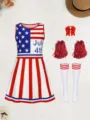 Kids American Independence Day cheerleader costume set with dress, bow and pom poms. - 110 / 094-19