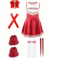 Kinder rot weißes Cheerleader Kostüm Set mit Kleid Pompons Schleife Socken für Auftritt Sport - 110 / Rot