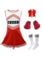 Kinder Cheerleader Kostuem Set rot weiss Kleid Pompons Schleife Socken fuer Kinder - 120cm / Rot