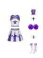 Set costume da cheerleader viola per ragazze top senza maniche gonna pon pon e calze - Viola