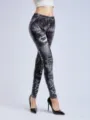 Detailed view of women high waist stretch digital print faux denim leggings slim fit pants. - S / Black