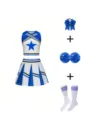 Λεπτομέρεια σετ μαζορέτας, μπλε και λευκό crop top, πλισέ φούστα με διάφορα αξεσουάρ. - 170 / Σετ / Μπλε
