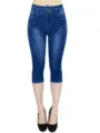Detailansicht der elastischen Jeans-Print Capri Leggings, enger Schnitt und Stofftextur. - S / Marineblau