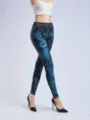 Women's digital printed faux denim high waist elastic skinny leggings for casual wear. - S / Blue