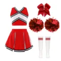 Red and white cheerleading costume set including crop top, pleated skirt, bow, and pom poms. - XL / Top And Bottom / With Hand Flowers, Bow, Socks / Red
