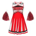 Rot-weißes Cheerleader Kostüm Set mit Kleid und Pompons für Schulsport und Auftritte. - 160 / Kleider / Rot