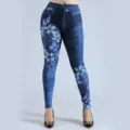 Damen-Leggings mit hohem Bund, elastischer Fake-Jeans-Optik und blauem Schmetterling. - S / Unterteile / Marineblau (Denim Schmetterling Blumen)