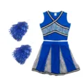 Blaues Cheerleader Kostüm Set mit Pailletten Crop Top Rock und Pompons für die Bühne. - S / Oberteil und Hose / Blau