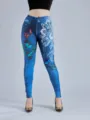 Damen High Waist Stretch Leggings mit Jeansprint und Schmetterling Muster fuer Alltag - S / Unterteile / Marineblau Stil 1 (Denim Schmetterling Ranken)