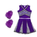 Lila Cheerleader Kostüm Set mit Crop Top, Faltenrock und glänzenden Pompoms für Auftritt. - S / Oberteil und Hose / Lila