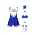 Kinder Cheerleader Kostüm Set mit blauem weißem Kleid, Haarschleife, Pompons und Socken für Mädchen. - S / Kleider / Blau