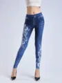 Hohe Taille Blumenprint Leggings elastische Slim Fit Damen Hosen modische Freizeithose - S / Unterteile / Marineblau Stil 2 (Denim Weiße Ranken)