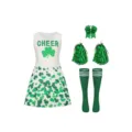 Kids St Patrick Day Cheerleader Costume Set Green Shamrock Dress Pom Poms Bow Socks - 120cm / Dress Set / 094-6