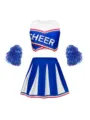 Adult cheerleading uniform set with crop top, pleated skirt and pom poms for sports events. - Blue