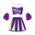 Purple and white cheerleader costume detail showing crop top with cheer text and fluffy pom poms. - Purple