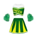 Adult cheerleading costume set featuring crop top, pleated skirt and green pom poms. - Green