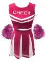 Pink cheerleading uniform set with pleated skirt and pompoms for sports team performance. - Rose Red