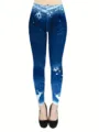 Close-up detail of women's high-waisted stretchy leggings featuring denim print and Christmas deer. - S / Patterned