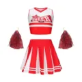 Kinder Cheerleading Kostüm Set mit rot-weißem Crop Top, Faltenrock und roten Pompons. - 120 / Oberteil und Hose / Rot
