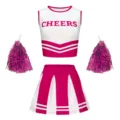 Girls cheerleading costume set crop top pleated skirt with pom poms performance outfit - Rose Red
