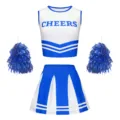 Ensemble de costume de pom-pom girl pour filles haut court jupe plissée avec pompons bleus. - 130 / Ensemble / Bleu