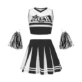 Details of the black and white kids cheerleading costume set with top, skirt and pompoms. - Black