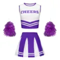 Détail du costume de pom-pom girl violet et blanc pour fille avec haut, jupe et pompons. - 130 / Ensemble / Violet