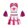 Kinder Cheerleader Kostüm Set rosa Crop Top Plisseerock mit Pompons Auftritt Kleidung - 110 / Oberteil und Hose / Fuchsia