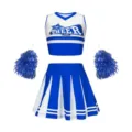 Kinder Cheerleading Kostüm Set blau weiß Tanzkleidung mit Pompons für Mädchen Auftritt - 120 / Oberteil und Hose / Blau