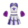 Kinder Cheerleader Kostüm Set, violettes Crop Top mit Stern, Faltenrock und Pompoms. - 110 / Oberteil und Hose / Lila