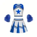 Kinder blaues Cheerleader Kostüm Set mit Crop Top, Plisseerock und blauen Pompons. - 110 / Oberteil und Hose / Blau