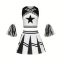 Kids cheerleading costume set with top skirt and pom poms for school sports performance. - Black