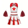 Kinder Cheerleader Kostüm Set Rot Weiß Crop Top Plisseerock mit Pompons für Mädchen - 110 / Oberteil und Hose / Rot