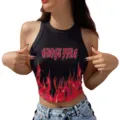 Schwarzes ärmelloses Damen Crop Top mit rotem Flammenmuster und coolem Textprint. - S / Schwarzes Tanktop - Rote Flamme