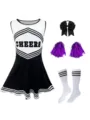 Kinder Cheerleader Kostüm Set mit Kleid, Schleife, Pompons und Socken für Party und Auftritt. - 120cm / Schwarz