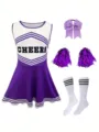 Kids Cheerleading Costume Outfit Purple White Cheer Dress Bow Pom Poms Socks Set - Purple