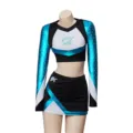 Cheerleader Kostüm Set Crop Top und Rock metallisch blau schwarz Langarm Auftritt Outfit - XS / Oberteil und Hose / Wie gezeigt