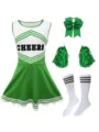 Kids green cheerleader costume set with dress, bow, pom-poms, and socks for dance performance. - Green