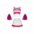 Detailed view of the vibrant pink and white cheerleading top and pleated skirt set. - Rose Red