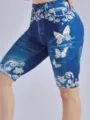 High waist imitation denim five point shorts with butterfly print slim fit stretchy yoga leggings - Dark Blue