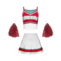 Detailansicht des Kinder Cheerleader Kostüms, rot-weißer Crop Top, Rock und Pompons. - 160 / Oberteil und Hose / Rot