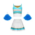 Kinder Cheerleader Kostüm Set mit Top, Faltenrock und blauen Pompons für Sportveranstaltungen. - 160 / Oberteil und Hose / Blau