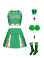 Green cheerleading costume set including sleeveless crop top, pleated skirt, bow and pom-poms. - 160 / Top And Bottom / Green