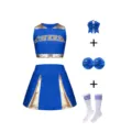 Ensemble uniforme pom-pom girl bleu et or avec haut jupe nœud pompons chaussettes fille. - 160 / Haut et Bas / Bleu