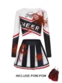 Halloween kids cheerleader costume set with blood stains, spooky performance outfit. - 160 / Top And Bottom / 058-L Black with Bloodstains