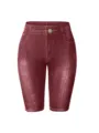Elastische Jeans-Print Shorts mit hohem Bund, schmale bordeauxrote kurze Leggings Hose. - S / Dunkelrot